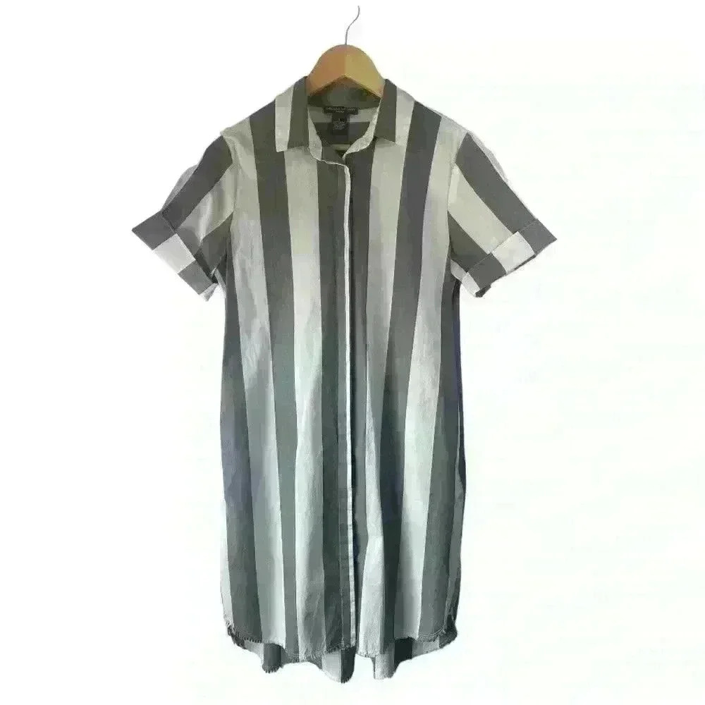 Chelsea & Theodore Women's‎ Grey White Striped Button Up T Shirt Dress Size S